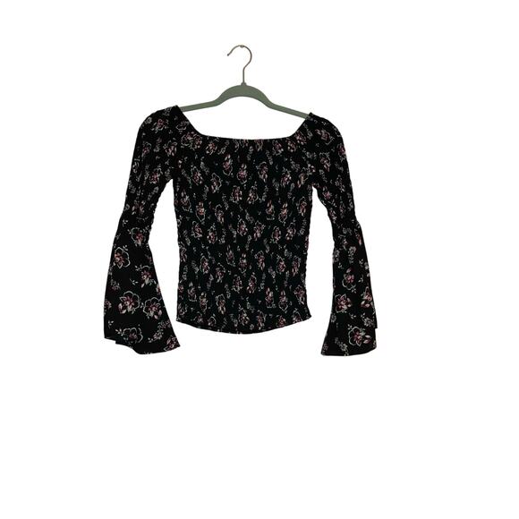 Express Black Boho Floral Smocked Bell Sleeve Top XS - Picture 5 of 5